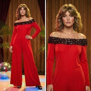 Vtg 70s Lilli Diamond Red Jumpsuit Off Shoulder Black Sequins Womens Size 10